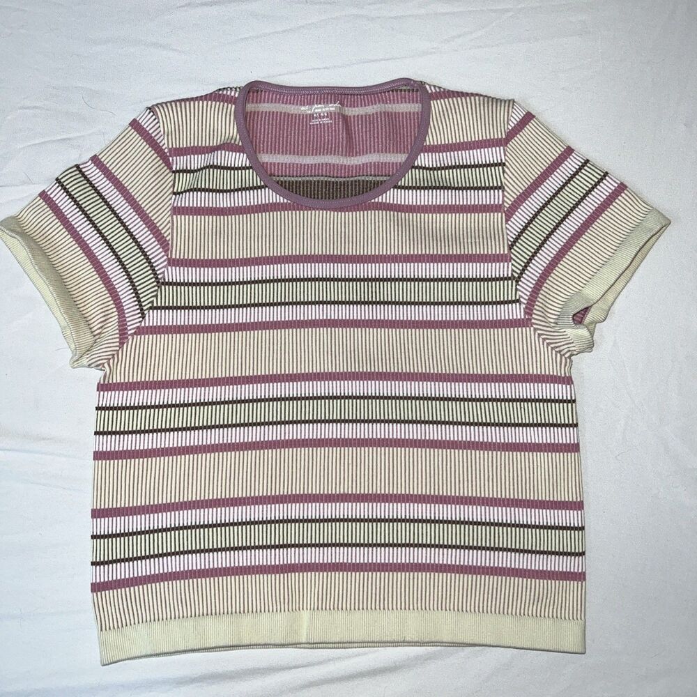 Out From Under Urban Outfitters Seamless Ribbed Crop Tee‎ Pink Striped M/L EUC